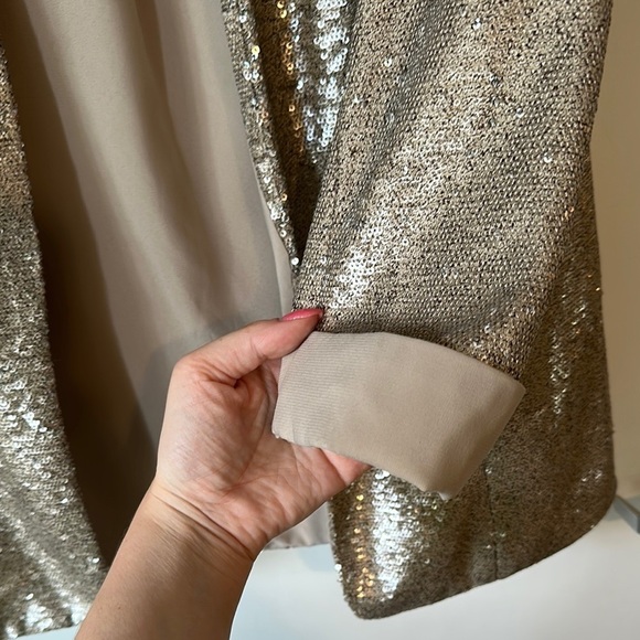 SAM EDELMAN | Champagne Gold Sequin Blazer Open Front 3/4 Sleeves - Picture 5 of 15